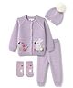 Yellow Apple Knit Full Raglan Sleeves Floral & Bunny Designed Sweater Set With Cap & Mittens-Lilac