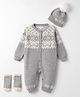 Yellow Apple Knit Full Sleeves Deer Design Winter Wear  Romper With Cap & Socks - Light Grey