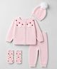 Yellow Apple Cotton Knit Full Raglan Sleeves Floral Embroidered Sweater Set With Cap & Mittens- Baby Pink