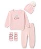 Yellow Apple Cotton Knit Full Raglan Sleeves Berry Embroidered Sweater Set with Cap & Booties - Baby Pink
