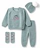 Yellow Apple Cotton Knit Full Raglan Sleeves Berry Embroidered Sweater Set with Cap & Booties -Mint