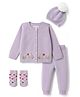 Yellow Apple Cotton Knit Full Raglan Sleeves Floral Embroidered Sweater Set with Cap & Booties - Lilac