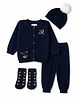 Yellow Apple Cotton Knit Full Raglan Sleeves Bird & Floral Embroidered Sweater Set with Cap & Booties - Navy