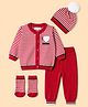 Yellow Apple Cotton Knit Full  Sleeves Striped & Text Designed Sweater Set with Cap & Booties -Red