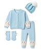 Yellow Apple Cotton Knit Full Sleeves Bunny Applique Sweater Set with Cap & Booties - Aqua