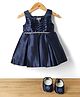 Bluebell Satin Woven Sleeveless Solid Pleated Party Dress With Rhinestones Embellishment With Booties - Navy Blue