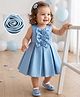 Bluebell Satin Woven Sleeveless Pleated Party Dress With Bow & Floral Applique & Booties - Light Blue