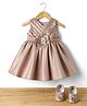 Bluebell Satin Woven Sleeveless Pleated Party Dress With Floral Applique & Booties - Light Brown