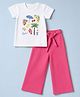 Honeyhap Premium 100% Cotton Knit Half Sleeves Tropical Theme Printed T-Shirt & Palazzo Set With Bio Finish - Dark Pink