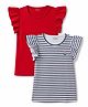 Honeyhap Cotton Knit Solid & Striped Frilled Sleeves Top Pack Of 2 - Red & Navy Blue