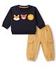 ToffyHouse Fleece Knit Full Sleeves T-shirts and Joggers Set With Animal Embroidery - Navy Blue