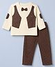 ToffyHouse Looper Knit Full Sleeves T-Shirt & Trouser Set With Bow Applique - Dark Brown