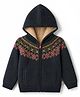 Yellow Apple Knit Full Sleeves  Hooded Jacket with Floral Design- Charcoal Grey