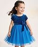 Babyoye Velour Woven Velvet  Half Sleeves Party Dress With Bow Applique - Teal Blue