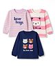 Doodle Poodle 100% Cotton Single Jersey Knit Full Sleeves Striped Tops with Bear & Text Print Pack of 3 - Navy, Pink & Light Pink