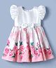 Babyoye Satin Woven Half Sleeves Floral Printed Pleated Party Dress With Bow Applique - White