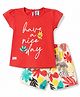 Mini Donuts Single Jersey Knit Half Sleeves Text & Floral Printed T-Shirt & Shorts Set - Rust Orange