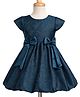 Babyoye Brocade Woven Half Sleeves Party Frock With Bow Applique - Teal Blue