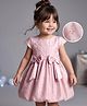 Babyoye Brocade Woven Half Sleeves Embroidered Party Dress With Bow Applique - Peach