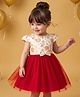 Babyoye Brocade Woven Half Sleeves Party Dress With Floral Embroidery & Bow - Red