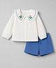 Bonfino Woven 100% Cotton Slub Full Sleeves Ruffled Peter pan Collar Floral Embroidered Top With Double Gauze Shorts - White & Blue