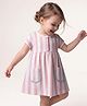 Bonfino 100% Cotton Knit Half Sleeves Striped Printed  Extended Shoulder Dress With Scallop Lace Pockets - White