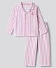 Bonfino 100% Cotton Knit Full Sleeves FRont Open Shirt & Pyjama Night Suit with Cherry Embroidery & Stripes - White & Pink