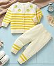 Mark & Mia Cotton Mixes Cardigan & Pant Striped Sweater Set with Full Sleeves and Strawberry Embroidery - Yellow