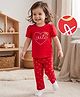 Babyhug Cotton Knit Half Sleeves T-Shirt & Pyjama Night Suit with Cute Heart & Bow Print - Red