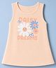 Simply Cotton Lycra Knit Sleeveless Frock with Floral & Text Print - Light Brown