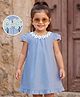 Babyhug Oxford Woven Half Sleeves Solid Frock With Floral Applique & Lace Detailing - Light Blue