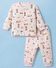 Doreme Fleece Knit Full Sleeves Winter Wear Co-ord Set With Teddy Bear Print - Light Peach