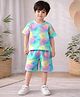 Fashion Dream Cotton Rib Knit Half Sleeves Abstract Printed Coordinating Tee & Shorts Set - Blue