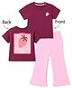 Bonfino 100% Cotton Knit Half Sleeves Oversized T-Shirt & Pyjama Set With Strawberry Print - Purple & Pink
