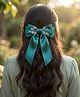Ribbon Candy Floral Design Beads & Stone Embellished Bow Applique Detailed Barette Hair Clip - Dark Green