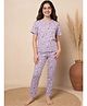 Lil Tomatoes Cotton Knit Half Sleeves Floral Printed Coordinating Tee & Pajama Night Suit - Purple