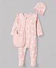 Bonfino 100% Cotton Knit Full Sleeves Polka Dots Printed Sleep Suit with Cap & Bibs - Pink