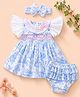 My Milestones Cotton Woven Half Sleeves Floral Printed Dress With Headband & Bloomer - Blue