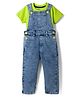 Kiddopanti Cotton Knit Half Sleeves Printed T-Shirt With Full Length Denim Dungaree Set - Neon Green & Light Blue