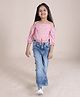 Kiddopanti Georgette Knit Strappy Cold Shoulder Full Sleeves Floral Printed Top & Flared Denim Pant With Bow Applique - Pink