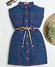 Ministitch Cotton Woven Cap Sleeves Solid Frock With Belt - Blue