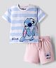 Bonifino Disney Single Jersey Knit Half Sleeves Striped T-Shirt & Shorts Nightsuit with Stitch Graphic - Light Blue