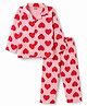 Babyhug Cotton Knit Full Sleeves Front Open Shirt & Pyjama Night Suit with Heart Print - Red