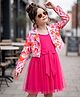 Ollington St. Woven Solid Colour Dress with Full Sleeves Floral Printed Jacket & Bow Applique - Pink