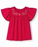 Pine Kids Woven Half Flutter Sleeves Floral Embroidered Top - Red