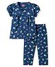 Babyhug Cotton Knit Half Sleeves Co Ord Shirt & Pyjama Night Suit Floral Print - Navy Blue