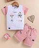OLY KIDS Cotton Knit Half Sleeves Animals Printed Tee & Shorts - Peach