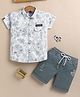 OLY KIDS Cotton Knit Half Sleeves Floral Printed Shirt & Shorts Set - White & Grey
