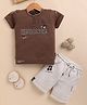 OLY KIDS Cotton Knit Half Sleeves Puronce Text Embroidered Tee & Shorts Set - Brown