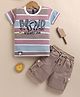 OLY KIDS Cotton Knit Half Sleeves Striped & Abstract Printed Tee & Shorts Set - Pink
